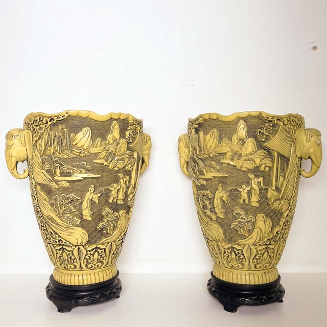Asian-Oriental Vases in Carved Ivory-Colored Resin, 1970s, Set of 2 For Sale - Image 4 of 9