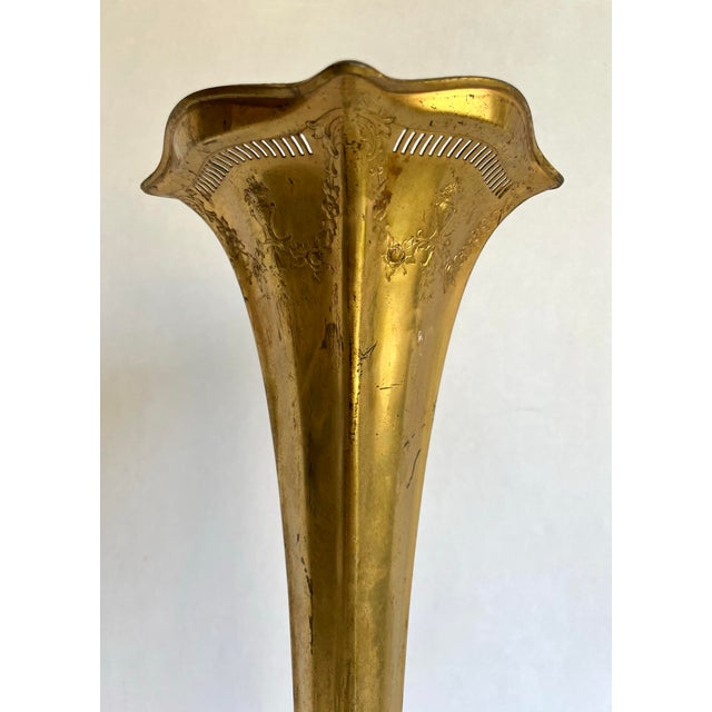 Antique Art Nouveau Gilt Metal Trumpet Altar Vase With Floral Relief For Sale - Image 10 of 14