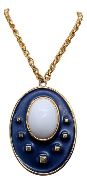 Vintage 1973 Signed Napier Modernist Navy Enamel & White Cabochon Pendant Necklace