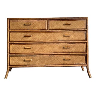 Vintage Boho Rattan Trimmed Chest of Drawers For Sale