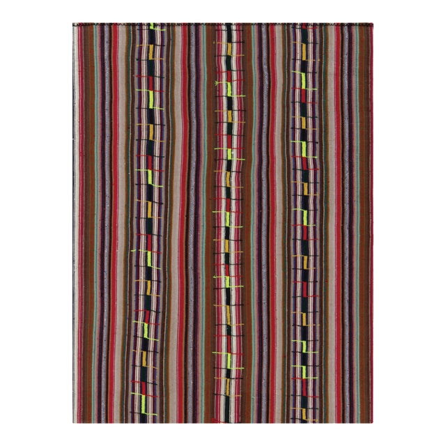1950s Vintage Chaput Kilim Rug in Red and Brown, Multicolor Stripe Patterns-6'x8' For Sale