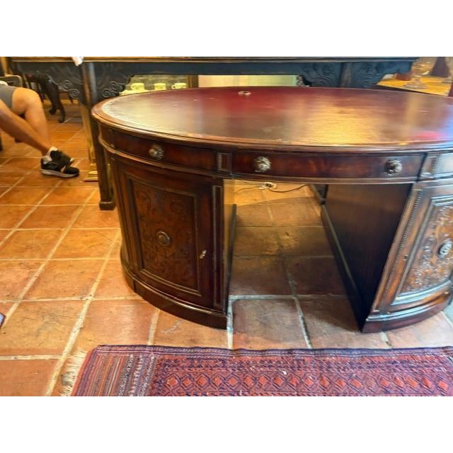 1970s Large Carved Mahogany Antique Style Leather Top Partners Desk For Sale - Image 15 of 15