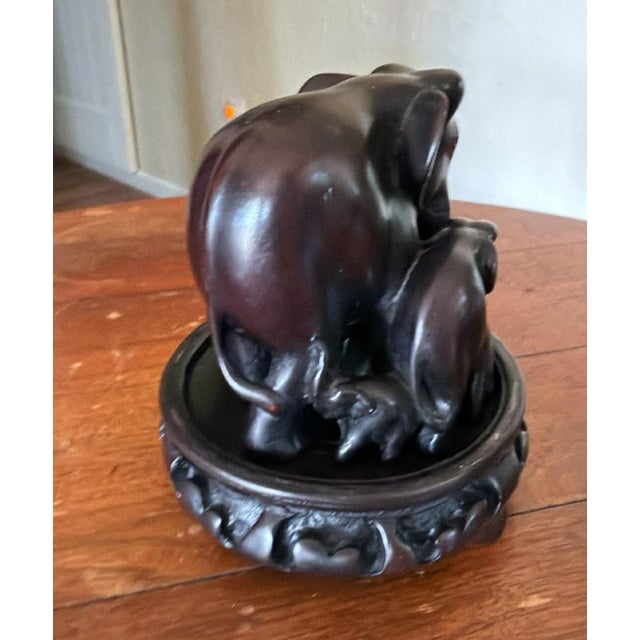 Vintage Hand Carved Elephant Family MCM Dark Wood on Pedastal For Sale - Image 6 of 11