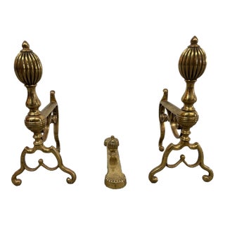 Brass Fireplace Andirons + Front Rail, Vintage, Set of Three For Sale