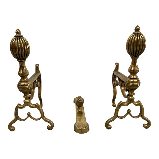 Brass Fireplace Andirons + Front Rail, Vintage, Set of Three For Sale