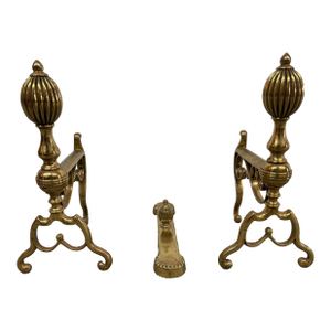 Brass Fireplace Andirons + Front Rail, Vintage, Set of Three