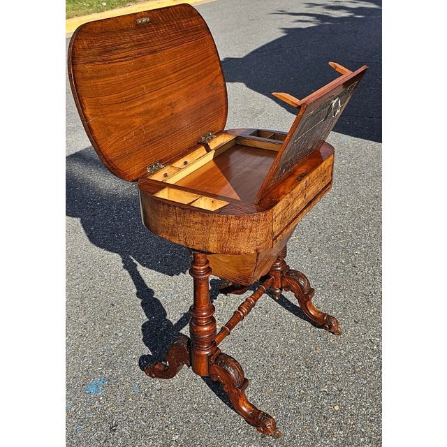 19th Century Victorian Marquetry Burl Walnut Sewing Table For Sale - Image 4 of 11