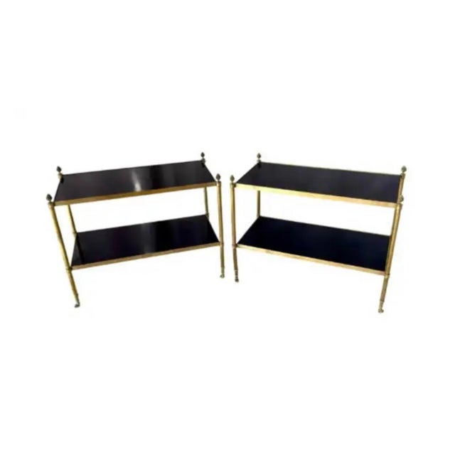 Pair Neoclassical Style Brass Side Tables With Black Lacquered Tops Jansen Style For Sale - Image 12 of 12