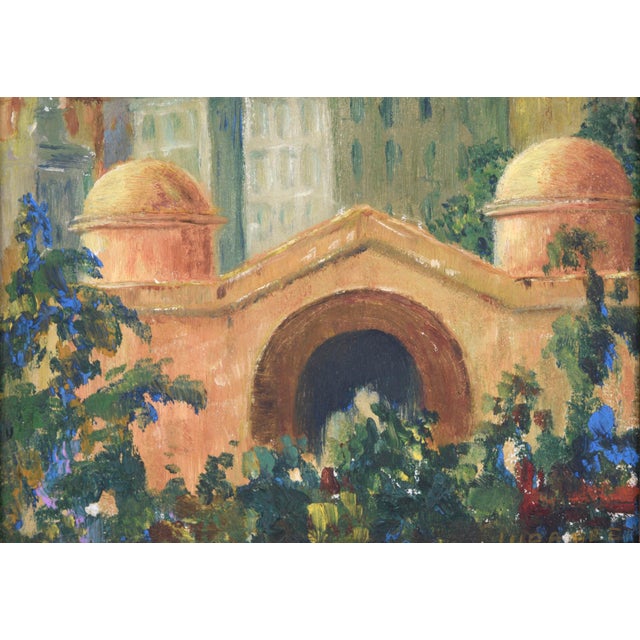 Impressionist Miniature Cityscape With Flowers and Old Bridge For Sale - Image 3 of 5