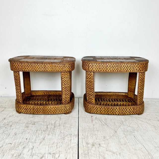Vintage Woven Pencil Reed Rattan Side Tables- a Pair | Chairish