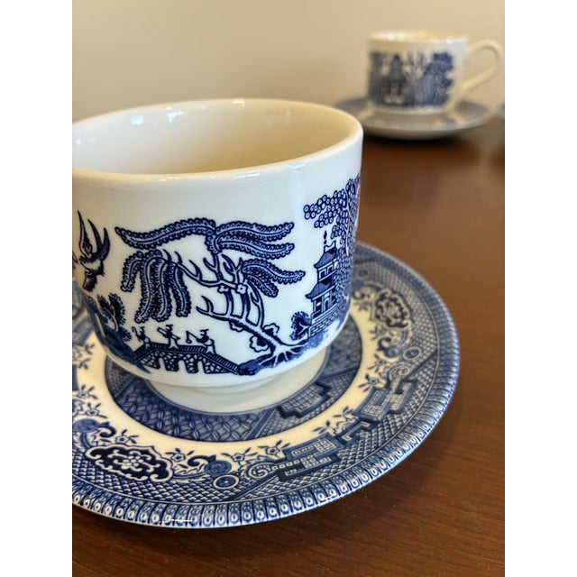 Vintage Churchill England Blue & White Transferware Cups and Saucers – Set of 4 For Sale - Image 10 of 12