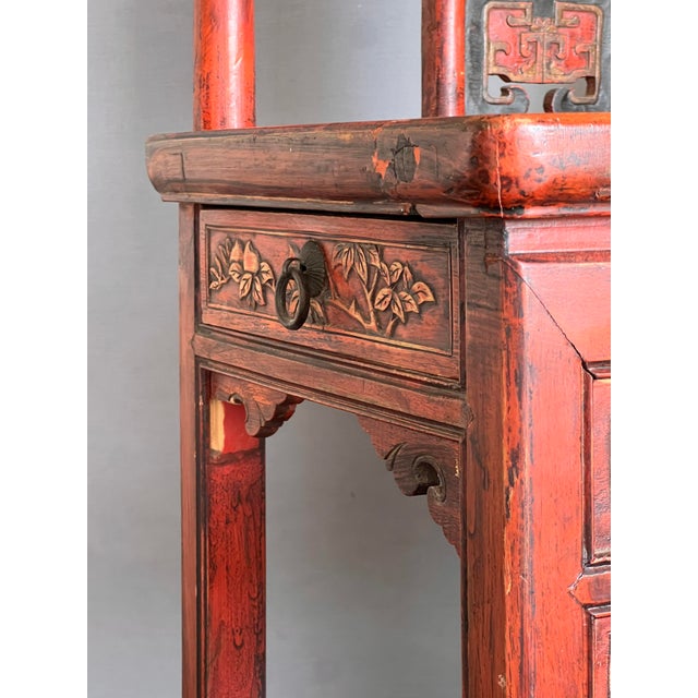 Chinoiserie Vintage Carved & Painted Chinese Child’s Chair With a Drawer on the Side For Sale - Image 3 of 11