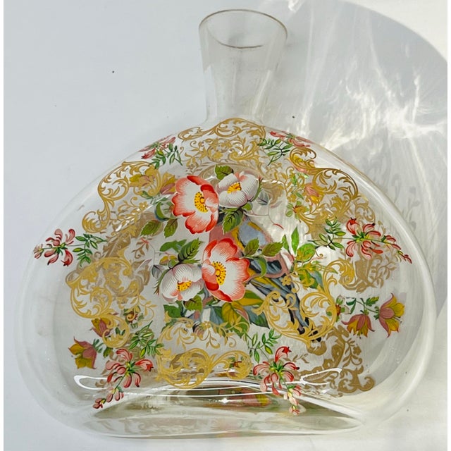 Hand painted Marano glass pefume bottle with missing stopper. Beautiful glass and heavier. Painting is delicate and colorful.