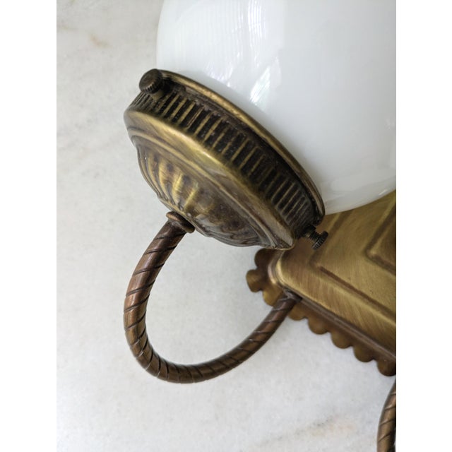 Mid 20th Century Vintage Milk Glass Globe Two Light Aged Brass Sconce For Sale - Image 5 of 9