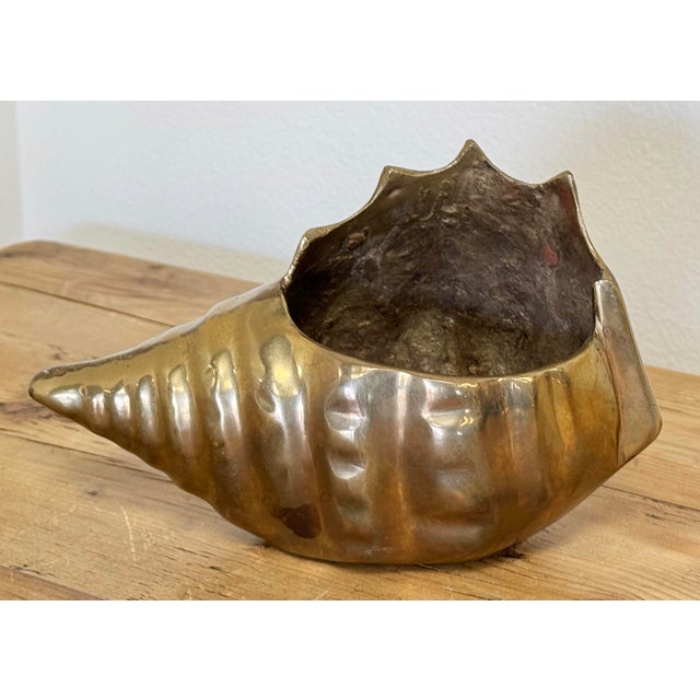 Vintage brass nautical seashell shaped planter. Made of solid brass, this piece is both durable and elegant. Natural...