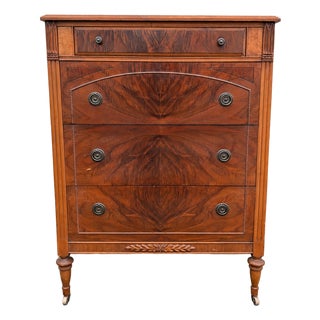 Vintage French Regency Style Solid Wood 4 Drawer Highboy Dresser on Wheels and Original Hardware For Sale