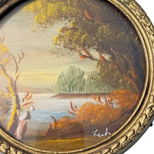 Victorian Vintage Italian Miniature Oil Landscape Painting in Ornate Victorian Brass Frame | Signed For Sale - Image 3 of 12
