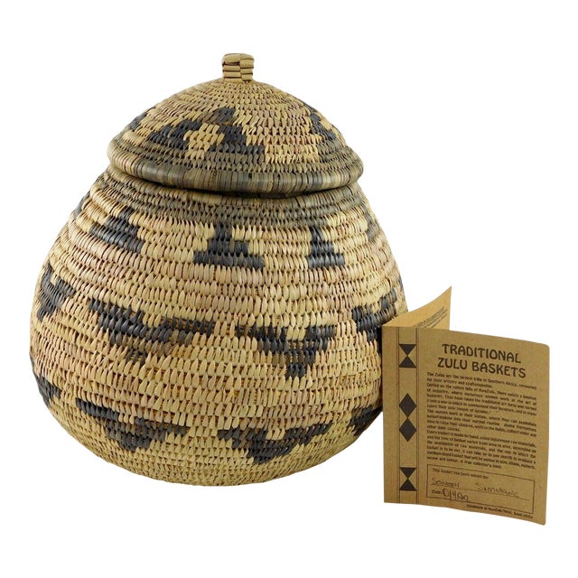 1980s Traditional Zulu Woven Basket by Soneni Simelane W Pamphlet Brown