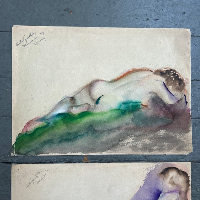 Set of two 1930’s original abstract expressionist nude female figure watercolor paintings / pencil drawings. Signed. Each...