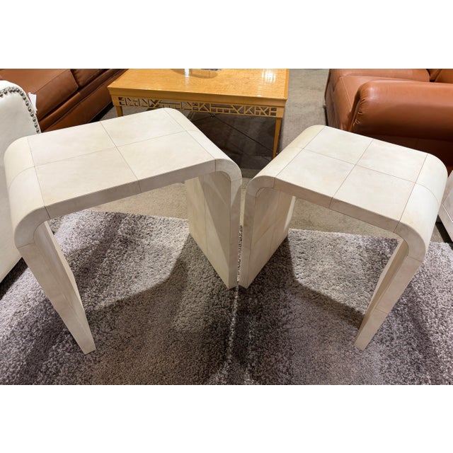 Restoration Hardware Pair of Restoration Hardware Parchment Leather Nesting Tables For Sale - Image 4 of 4