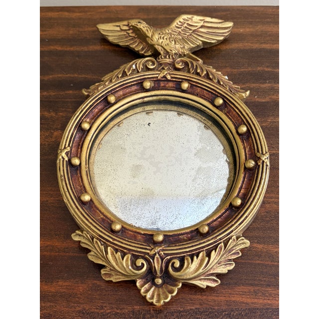 Glass Vintage American Federal Gold Brass Eagle Bullseye Convex Mirrors, Pair For Sale - Image 7 of 9