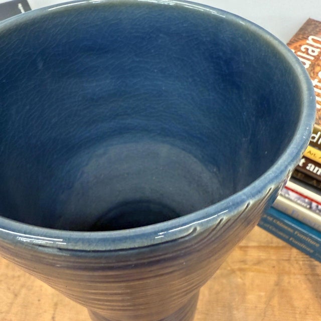 Ceramic Tall Deep Blue Glazed Ceramic Vase with Wide Mouth For Sale - Image 7 of 7