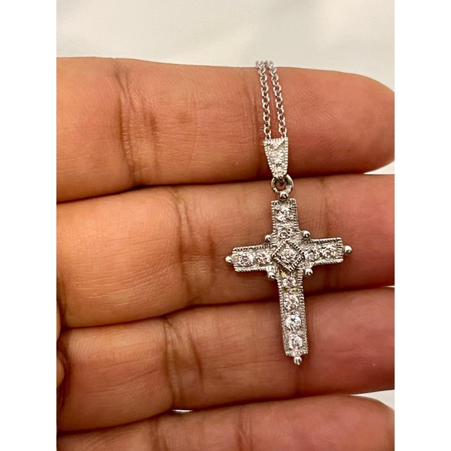 White Diamond Cross Pendant with White Gold Necklace 18 Karat White Gold For Sale - Image 12 of 18