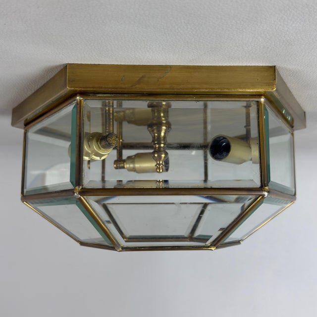 Vintage Hexagonal Brass Ceiling Lamp with Beveled Glass, 1970s For Sale - Image 4 of 10