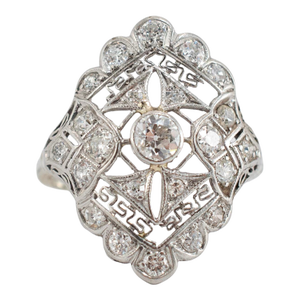 Antique Edwardian Platinum 14k White Gold 1.09ct Diamond Filigree Cocktail Ring, Size 5