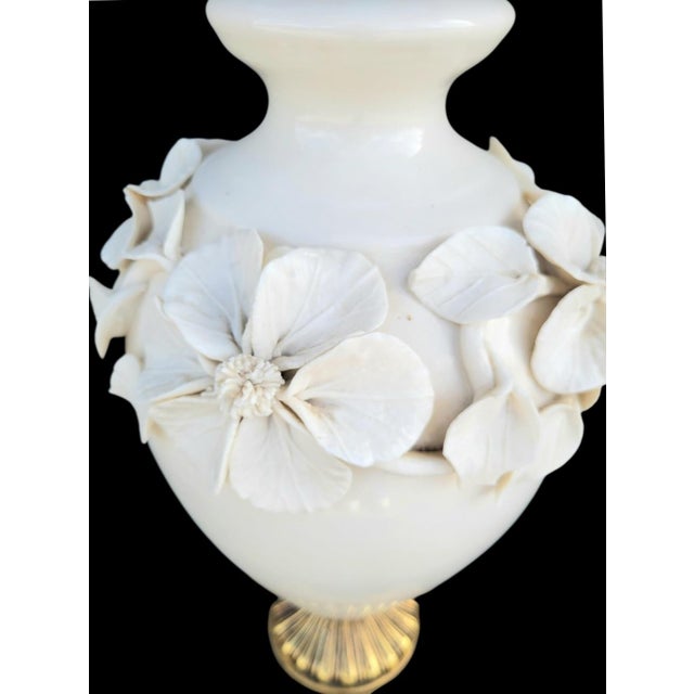 White Vintage Huge Marbro Style Porcelain Urn Candleabra Style Raised Leaf Brass Table Lamp For Sale - Image 8 of 12