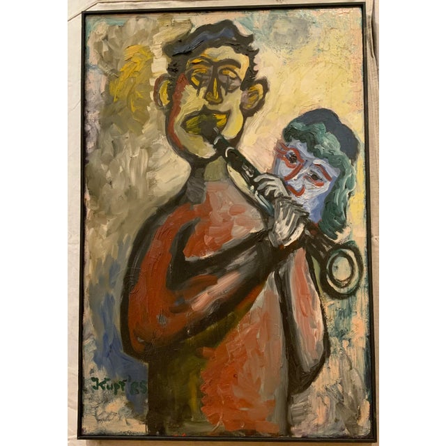 Mid-Century Modern 1985 Vintage Oil on Canvas Painting Portrait of a Clarinet Player by Meyer Kupferman For Sale - Image 3 of 5
