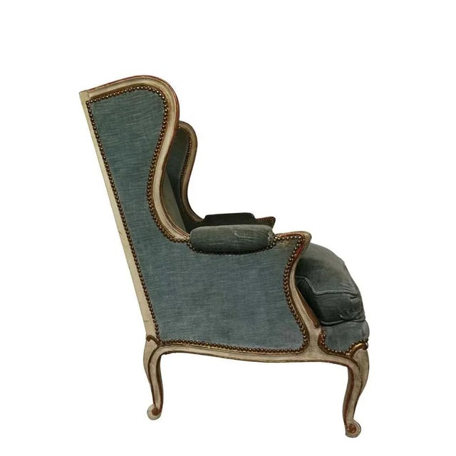 19th Century Louis XV Bergere Armchair in Blue Velvet For Sale - Image 4 of 9