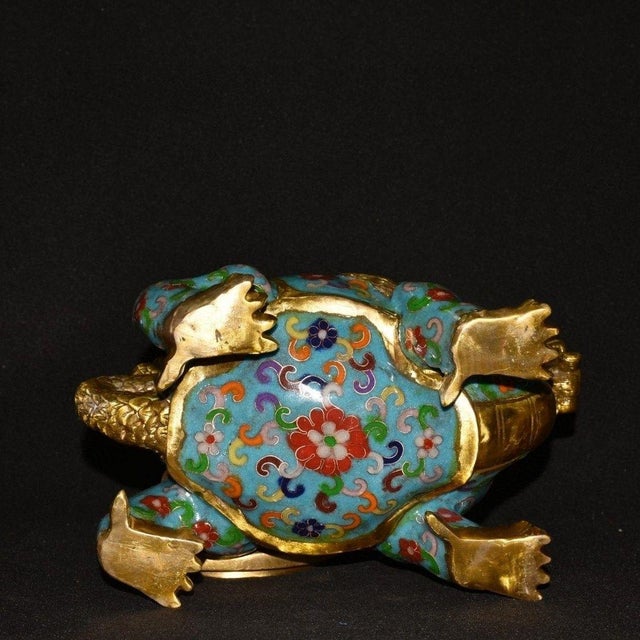 Vintage Cloisonné Enamel Gilt Bronze Dragon Turtle Censer Incense Burner With Bagua Lid For Sale - Image 9 of 9