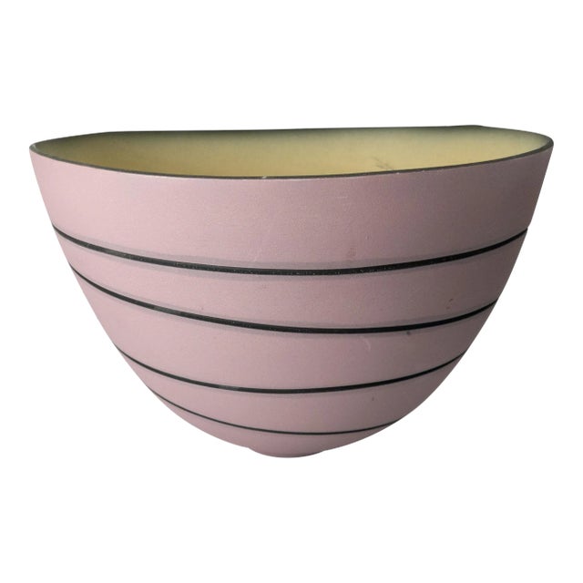 Mid-Century Modern Art Pottery Matte Pink Black Swirl Bowl, Signed For Sale