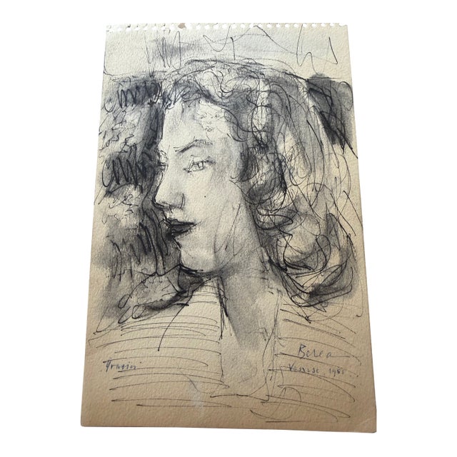 1951 Dimitrie Berea Vintage Sketch of a Young Woman Drawn in Venice, Italy For Sale