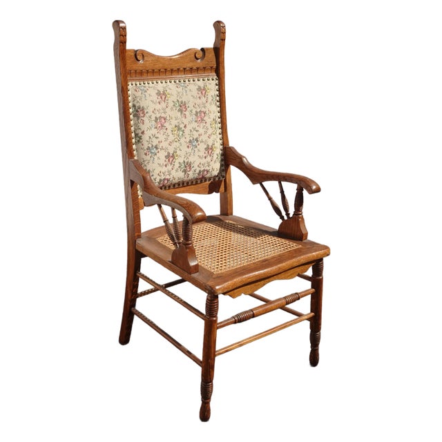 Vintage Oak Cane French Country Arm Chair W Tapestry Backrest Fabric For Sale