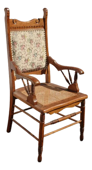Vintage Oak Cane French Country Arm Chair W Tapestry Backrest Fabric