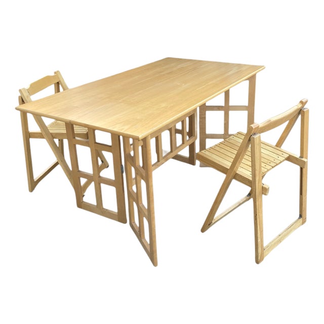 Folding Beechwood Desk with Two Drawers and Two Folding Chairs, 2000 For Sale