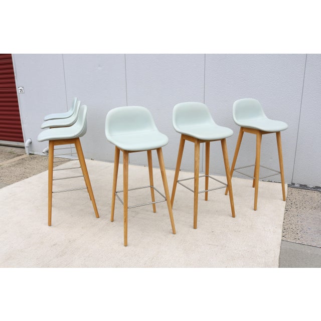 Iskos-Berlin Design Danish Iskos-Berlin for Muuto Blue Leather Fiber Bar Stools Wood Base - Set of 6 For Sale - Image 4 of 18