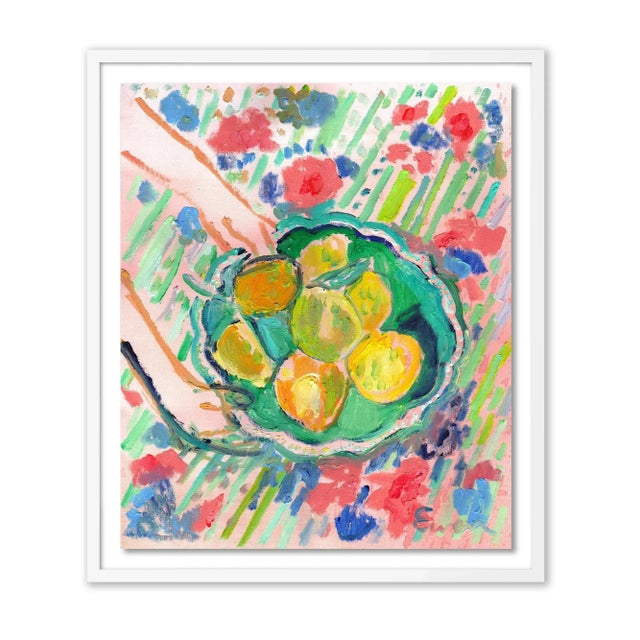 Illustration Bowl of Lemons, New Tablecloth No. 2 by Anne-Louise Ewen in White Frame, Small Art Print For Sale - Image 3 of 3