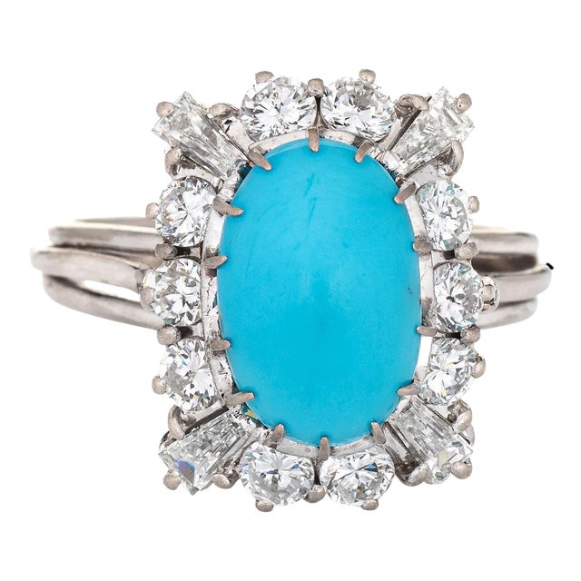 1ct Diamond Turquoise Square Ring Vintage 18k White Gold Cocktail Jewelry size 7.5 For Sale