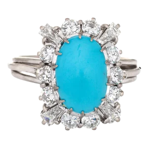 1ct Diamond Turquoise Square Ring Vintage 18k White Gold Cocktail Jewelry size 7.5