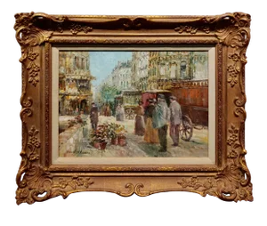 Henri Plisson -Parisian Flower Seller on a 1920s Busy Street-Oil Painting