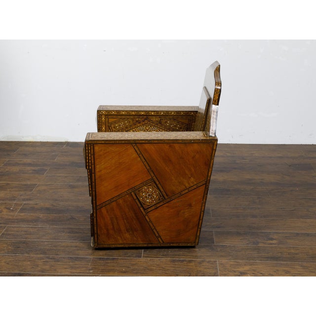 Brown Moroccan 1900s Club Chair with Geometric Bone Inlay and Cushion For Sale - Image 8 of 12