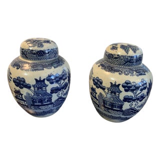Vintage 1940s Japanese Willow Porcelain Ginger Jar – Cobalt Blue, Handmade For Sale