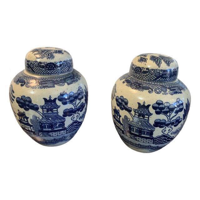 Vintage 1940s Japanese Willow Porcelain Ginger Jar – Cobalt Blue, Handmade For Sale