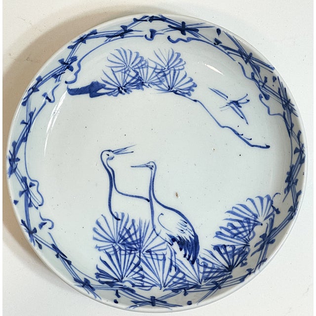 Vintage/Antique Blue and White Chinese Dishes With Cranes - a Pair For Sale - Image 4 of 11