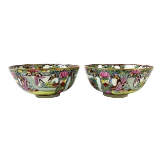 Vintage Chinese Porcelain Rose Famille Rice Bowls- a Pair For Sale