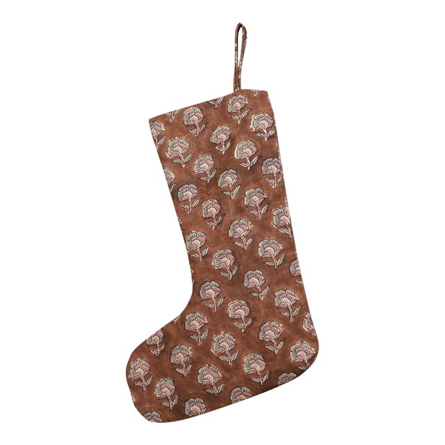 Artisan Pure Linen Stocking Handmade Block Print Holiday Decor Rohini For Sale