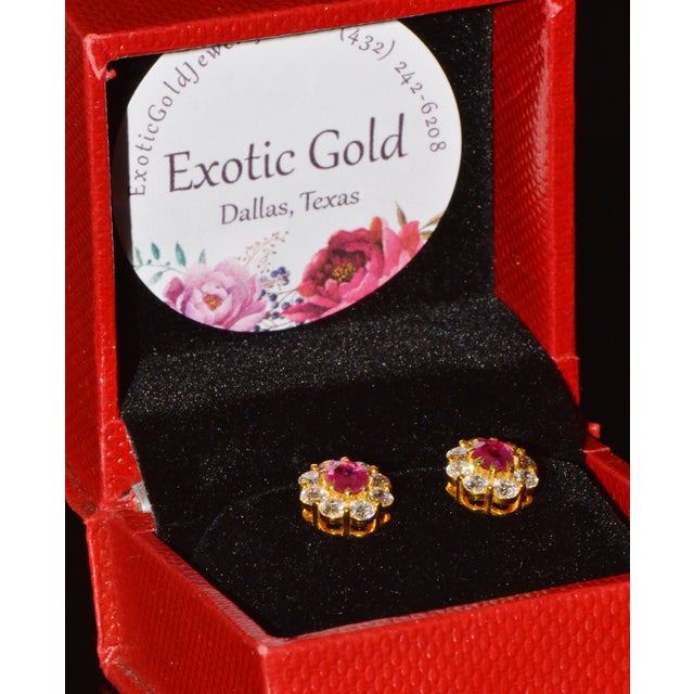 Gia Natural 2.12cts vs F Diamond Madagascar Ruby 18k Gold Cluster Halo Earrings, A Pair For Sale - Image 12 of 13
